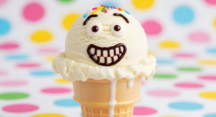 Smiling Vanilla Ice Cream Cone with Sprinkles and Cartoon Face | Fun Dessert Character with Chocolate Smile on Colorful Polka Dot Background