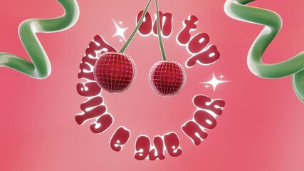Summer 3D horizontal loop animation cherry disco ball infographic text greeting card red pink girly groovy vintage retro advertisement vibe trendy cool neon cartoon poster backgrounds dance party pop - Powered by Adobe