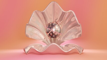 Summer 3D horizontal image render shell pearl gem disco ball beach ocean 1970s pink groovy vintage retro vibe greeting card advertisement poster trendy neon cartoon backgrounds dance party pop club