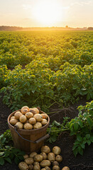 Freshly harvested potatoes in basket on field at sunset  