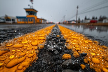 A wet road with yellow lines and raindrops with a building in the background on a cloudy day