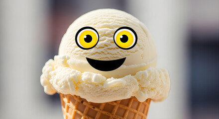 Cute Ice Cream Cone with Cartoon Eyes and Smiling Face, Fun and Playful Dessert Treat