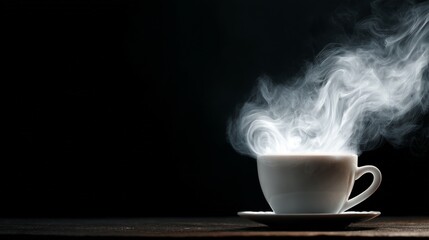 A cup of coffee with steam rising in a dark room creating a warm and inviting atmosphere around it