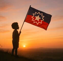 Silhouetted Black Child Holding Juneteenth Flag at Sunset on Hilltop - Hopeful Freedom Celebration, Legacy and Future, Golden Hour Patriotic Scene