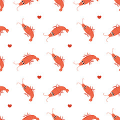 Seamless Pattern with Cute Shrimp Animal with hearts