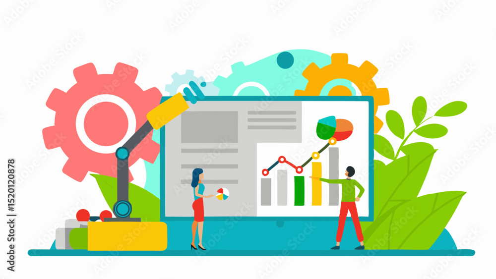 Poster automation success people analyzing financial charts robotic arm data insights business growth techn