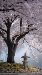 Serene spring scene blossoming cherry tree japanese stone lantern and dreamy atmosphere