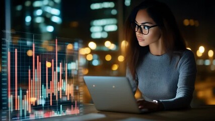 Woman working at night on a laptop with financial data overlaid on the background. - Powered by Adobe