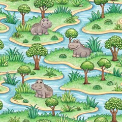 A wild African animal seamless concept. Playful hippos in a whimsical river landscape with greenery.