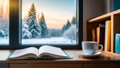 A book resting on a wooden window sill, a snowy forest view outside.