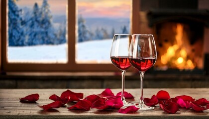 two glasses of wine, a romantic atmosphere in a hut in the mountains, rose petals in front of the window, winter season, snow outside