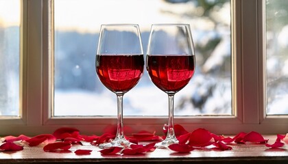 two glasses of wine, a romantic atmosphere in a hut in the mountains, rose petals in front of the window, winter season, snow outside