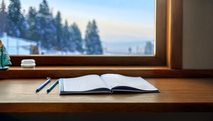 A book resting on a wooden window sill, a snowy forest view outside.