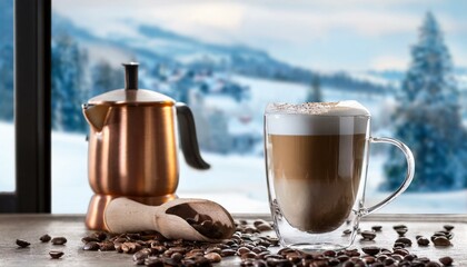 A glass of coffee in front of a window with a view of the snow
