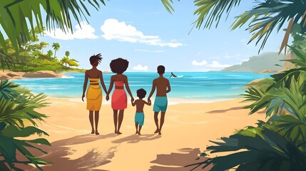 A family strolls along a tropical beach.