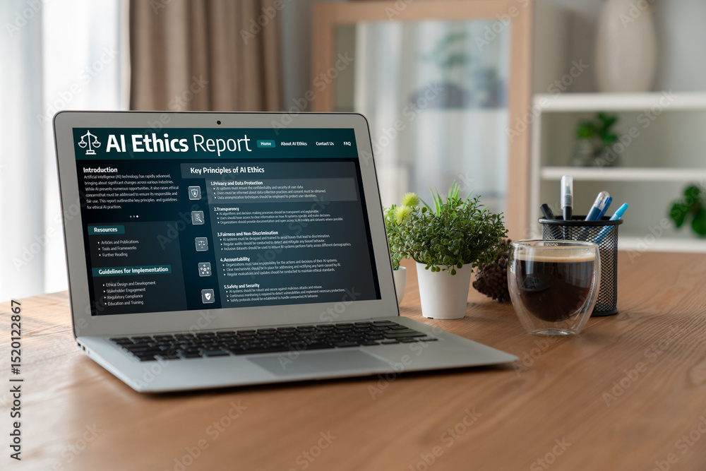 Poster ai ethics responsibility standard law and rules on computer screen provide report of ai ethic transp