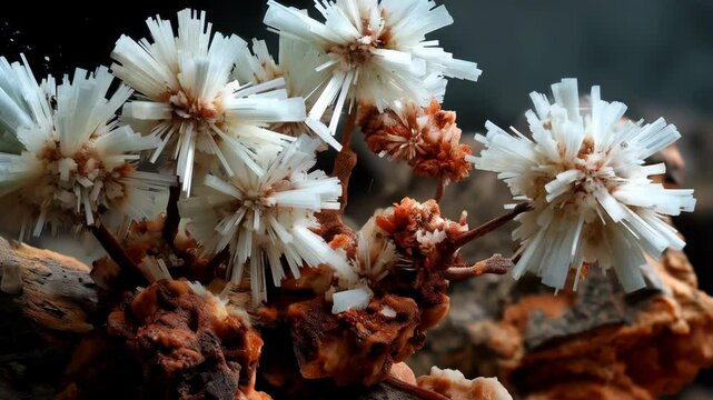 Cluster of aragonite crystals with radial structures growing on dark, textured stone surfaces in a mineral specimen display.