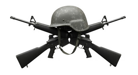 Still life composition featuring a helmet resting atop two crossed rifles against black backdrop.