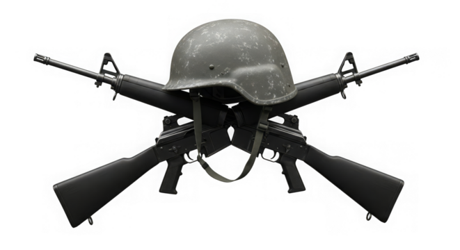 Still life composition featuring a helmet resting atop two crossed rifles against black backdrop.