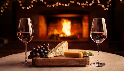 In front of a burning fireplace, 2 glasses of wine and a cheese plate, a romantic ambiance