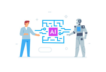illustrations concept with businessmen. technology, partnership, artificial intelligence business robot, cybes. linear illustration Icons infographics. Landing page site print poster. Line story