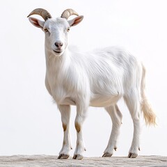 Obraz premium Young White Goat Portrait. Adorable Farm Animal in Rural Pasture - Pet, Livestock & Nature Silhouette