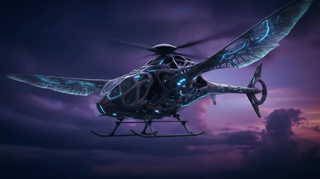 Futuristic helicopter flight at dusk