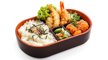 This is a flavorful bento box containing rice with seaweed, fresh greens, crispy tempura shrimp, and stir-fried vegetables. Enjoy!