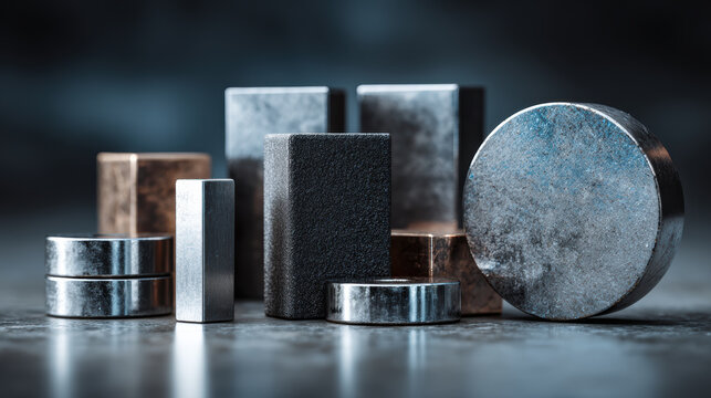 Variety of magnets in different shapes and materials on reflective surface