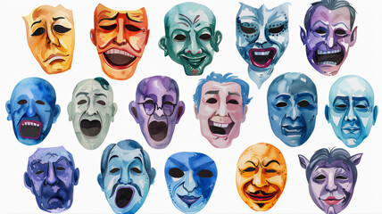 Set of theater masks. Theatrical mask, actors, actress. Greek drama logo, happy sad masks watercolor. Theatric circus joker comedy flyers. Comedy and tragedy masks silhouette 