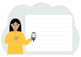 Woman holds a glucometer in his hand. The concept of blood sugar control, diabetic. Vector flat illustration