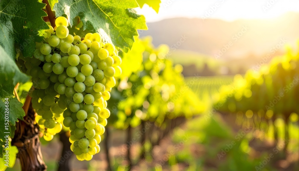 Poster close up of ripe green grapes on vine with soft backlighting and blurred vineyard rows in background