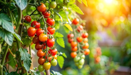 Bunches of colorful cherry tomatoes at different ripening stages, growing on a compact bush, illuminated by warm sunlight