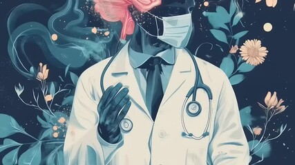 Conceptual artwork: Doctor with exposed brain in floral arrangement and face mask - Powered by Adobe
