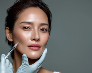 Portrait of an attractive Asian woman receiving an injectable facial treatment, social media ad aesthetic. Space for text
