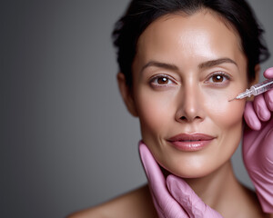 Portrait of an attractive Asian woman receiving an injectable facial treatment, social media ad aesthetic. Space for text.