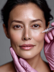 Portrait of an attractive Asian woman receiving an injectable facial treatment, social media ad aesthetic.