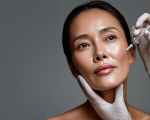 Portrait of an attractive Asian woman receiving an injectable facial treatment, social media ad aesthetic. Space for text.