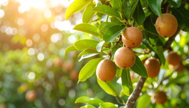 Ripe sapodilla fruits dangling from branch, sunlight filtering through verdant tropical foliage