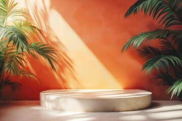 Modern Minimalist Interior Design Showcase with Palm Leaves and Vibrant Orange Decor