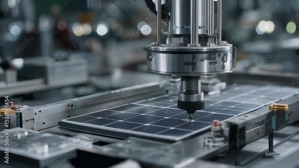 Aufkleber automated machinery precisely places components onto a solar panel within a bustling factory setting