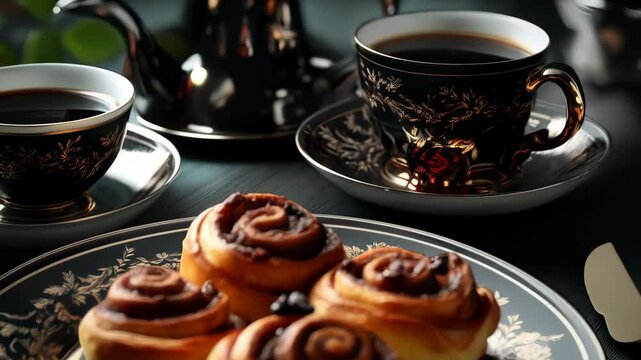 Elegant presentation of cinnamon rolls on a decorated plate with coffee in decorative cups and a teapot in the background.
