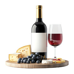 Isolated transparent A exquisite pairing of red wine, cheese, grapes, and a glass on a wooden platter. PNG die-cut element for advertising