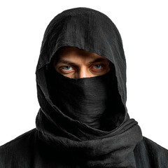 A man in a black hood isolated on transparent background