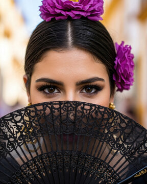 Close-up of a beautiful woman at the Seville April Fair holding a black lace fan over her face, revealing only her expressive eyes, with a purple flower in her hair.