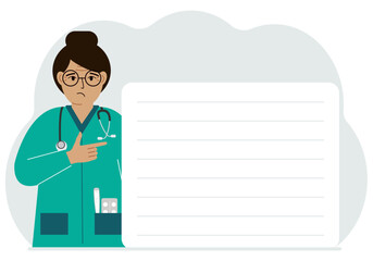 Sad woman doctor holding a file with blank paper for text. Vector flat illustration