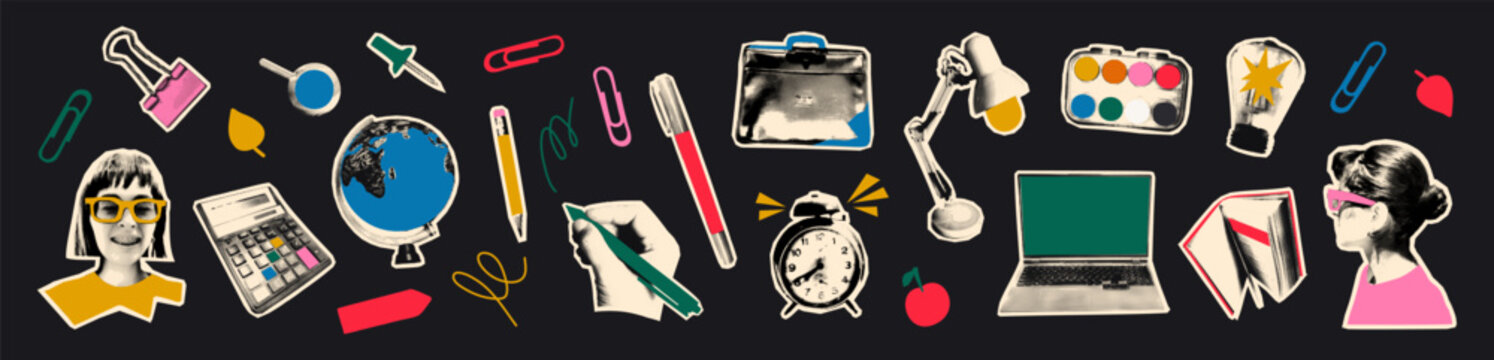 Trendy education concept halftone collage elements set. Back to school stationery paper cut outs, student, laptop, book, pencil, Earth globe. Modern retro vector illustration for mixed media design