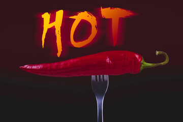 Hot chili peppers on fork. Extra spicy. Mexican food with pepper. Seasonings and spices. Hellish...