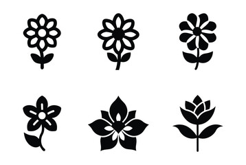 Flowers black icons collection. Stylized flowers isolated on white background. Best for seamless patterns, print, tattoo, web, logo creating and brand design.
