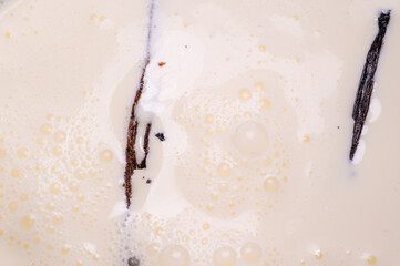 Vanilla beans floating in cream to subtract the flavor and aroma into the cream